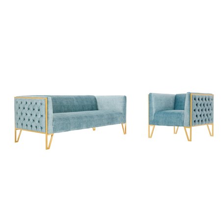 MANHATTAN COMFORT Vector Sofa and Armchair Set of 2 in Ocean Blue and Gold 2-SS548-OB